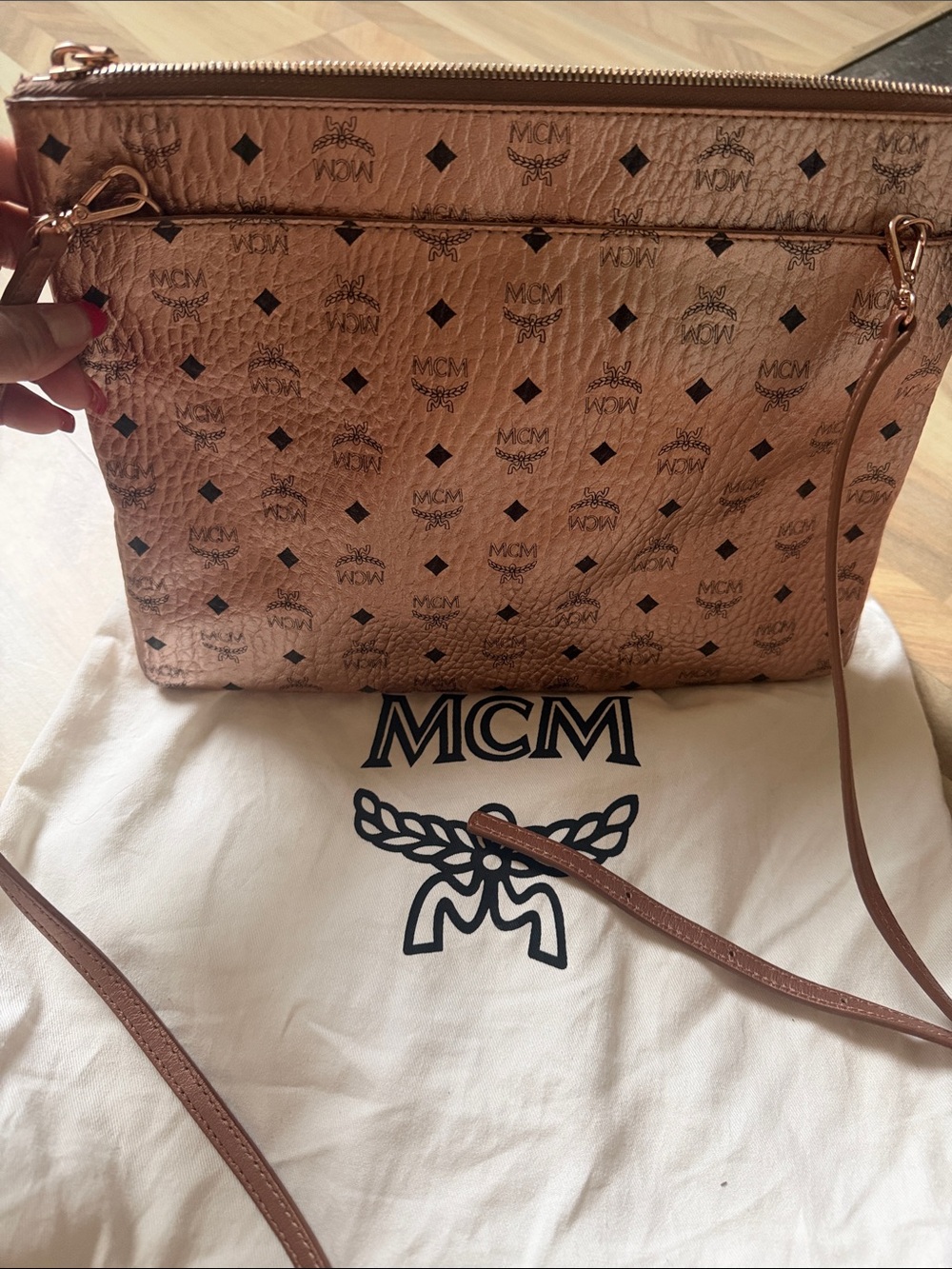 MCM Metallic Rose Gold Monogram Crossbody Bag